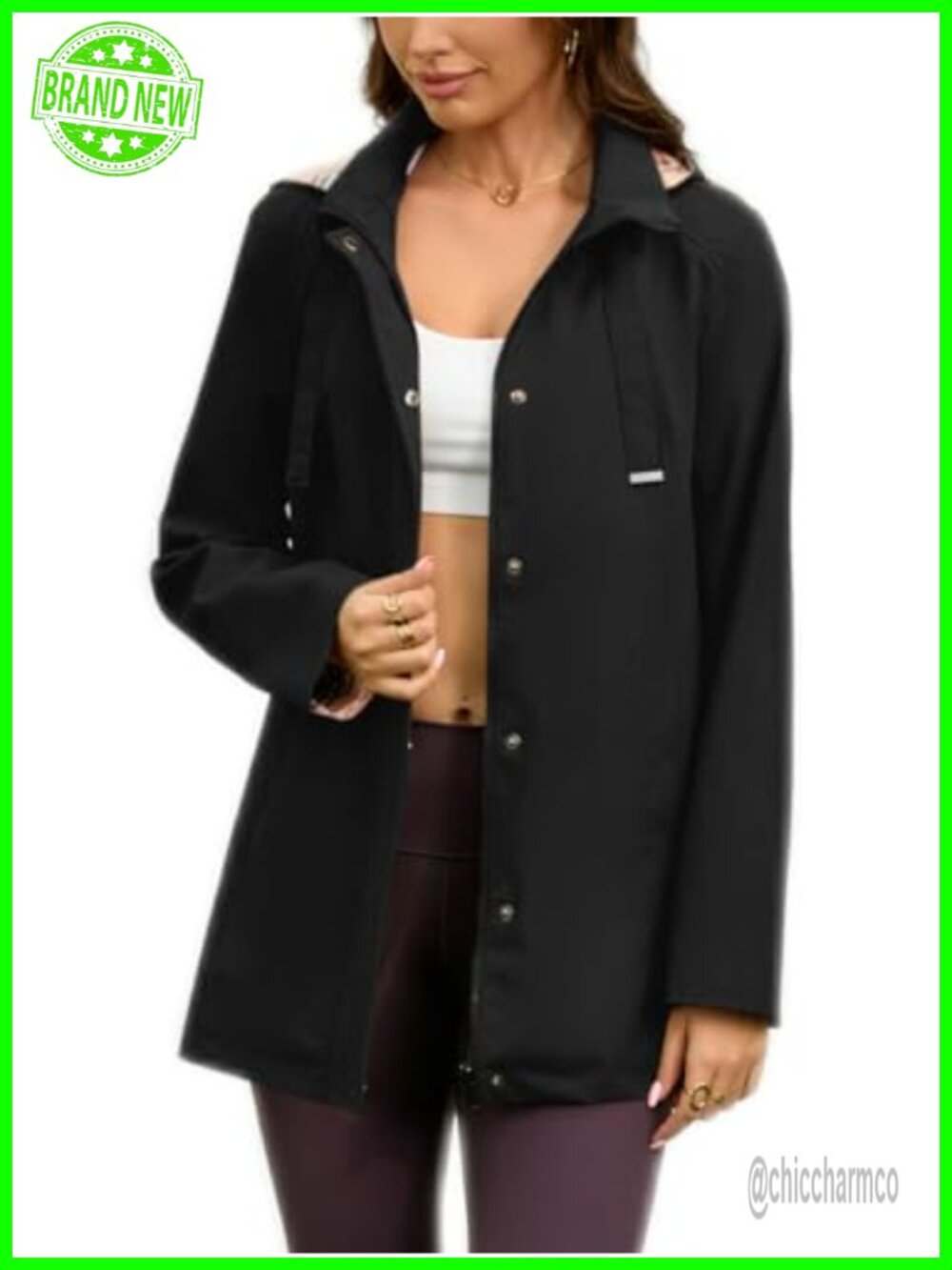 Womens Long Hooded Rain Jacket Waterproof Windproof Lightweight Trench Coat